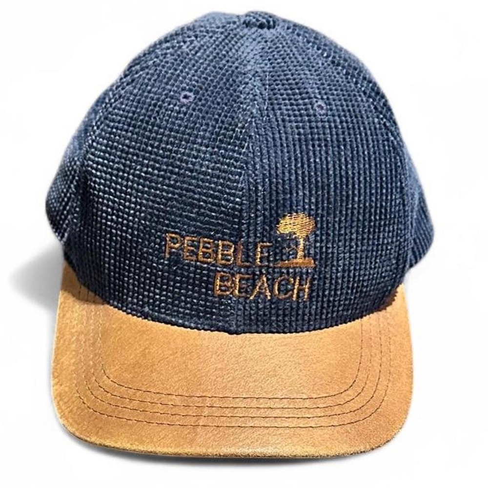 Pebble Beach Golf Navy Blue Corduroy Cap Brown Leather Brim Embroidered Logo